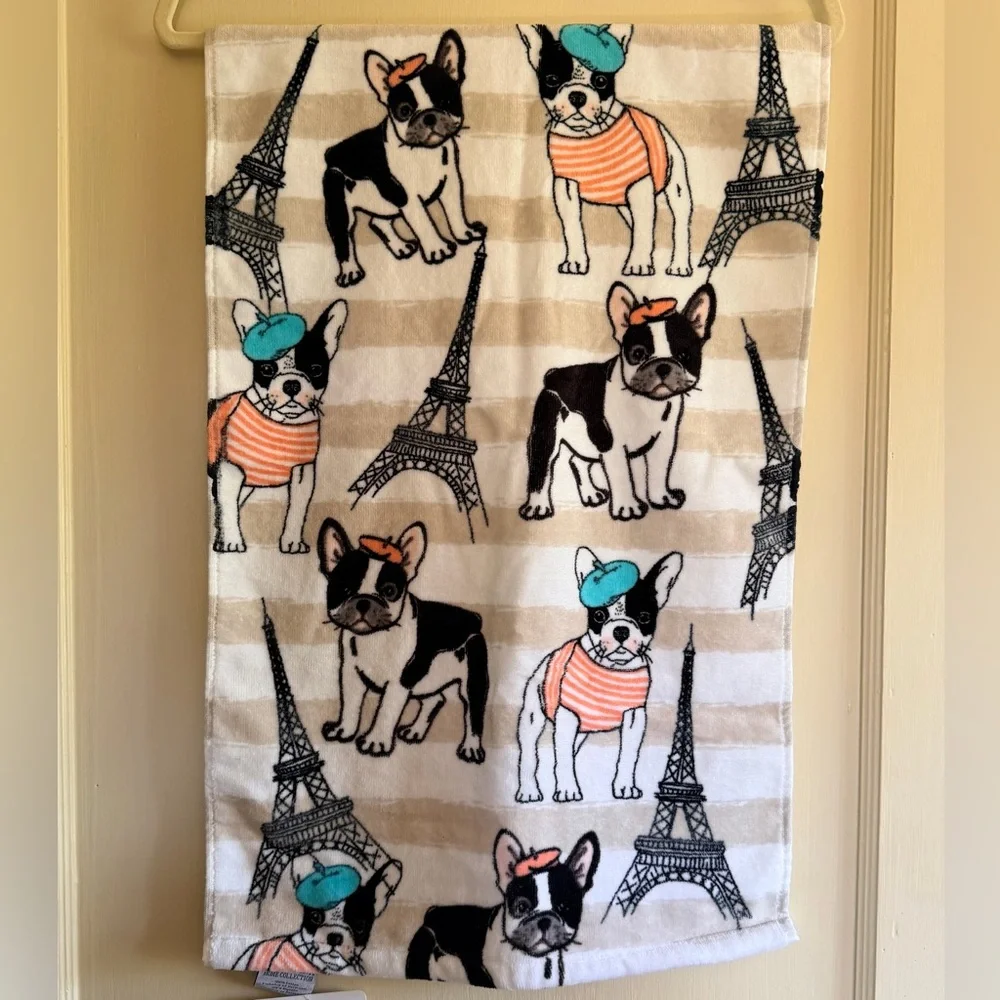 NWT Kassafina French Bulldog in Paris Hand Towel – Eiffel Tower Decor.